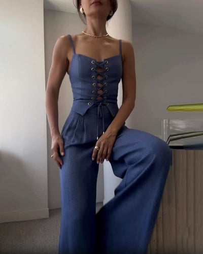 Ensemble Deux Pièces Femme – Haut à Nouer & Pantalon Large Fluide – Style Décontracté Chic