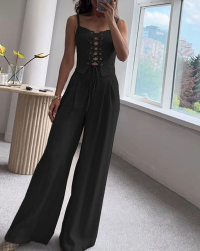 Ensemble Deux Pièces Femme – Haut à Nouer & Pantalon Large Fluide – Style Décontracté Chic