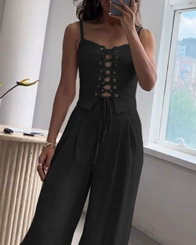 Ensemble Deux Pièces Femme – Haut à Nouer & Pantalon Large Fluide – Style Décontracté Chic