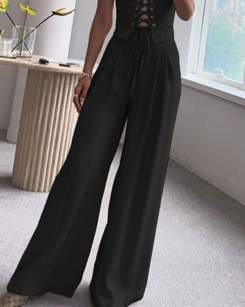 Ensemble Deux Pièces Femme – Haut à Nouer & Pantalon Large Fluide – Style Décontracté Chic