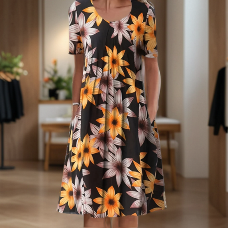 Robe ample femme à col rond, manches trois quarts et motif imprimé