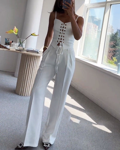 Ensemble Deux Pièces Femme – Haut à Nouer & Pantalon Large Fluide – Style Décontracté Chic