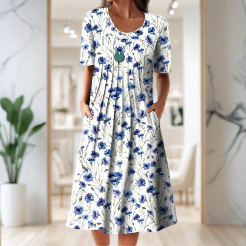 Robe ample femme à col rond, manches trois quarts et motif imprimé