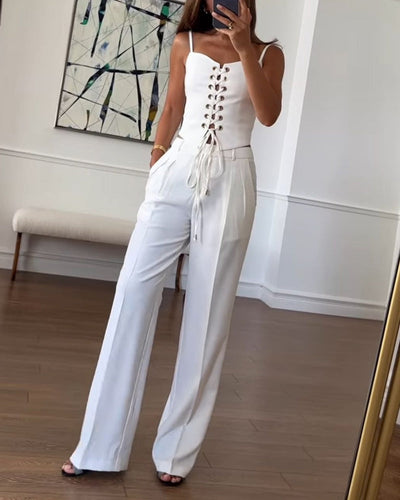 Ensemble Deux Pièces Femme – Haut à Nouer & Pantalon Large Fluide – Style Décontracté Chic