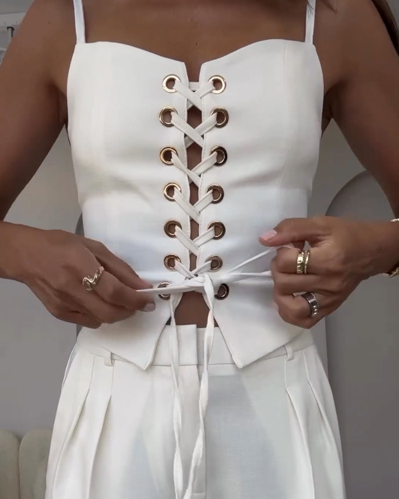 Ensemble Deux Pièces Femme – Haut à Nouer & Pantalon Large Fluide – Style Décontracté Chic
