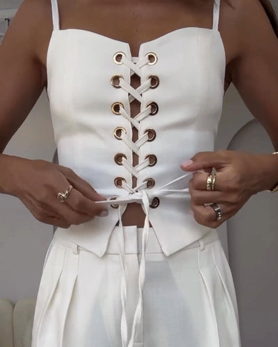 Ensemble Deux Pièces Femme – Haut à Nouer & Pantalon Large Fluide – Style Décontracté Chic