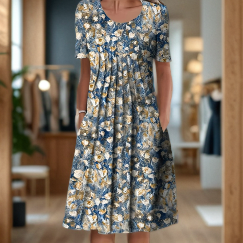 Robe ample femme à col rond, manches trois quarts et motif imprimé