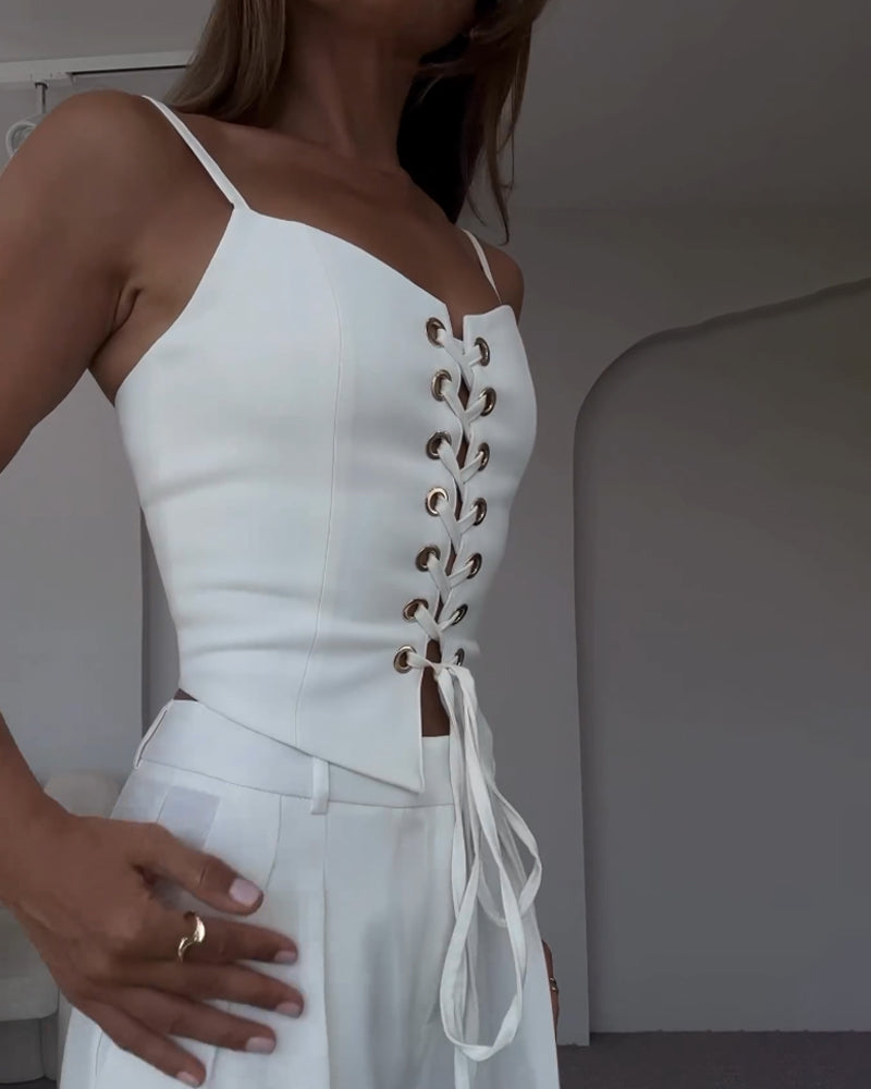 Ensemble Deux Pièces Femme – Haut à Nouer & Pantalon Large Fluide – Style Décontracté Chic