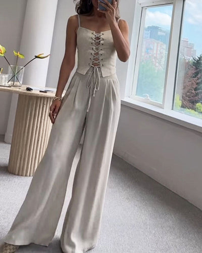 Ensemble Deux Pièces Femme – Haut à Nouer & Pantalon Large Fluide – Style Décontracté Chic