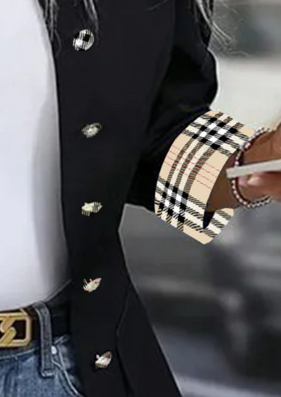 Blazer femme élégant à col montant et poignets à carreaux