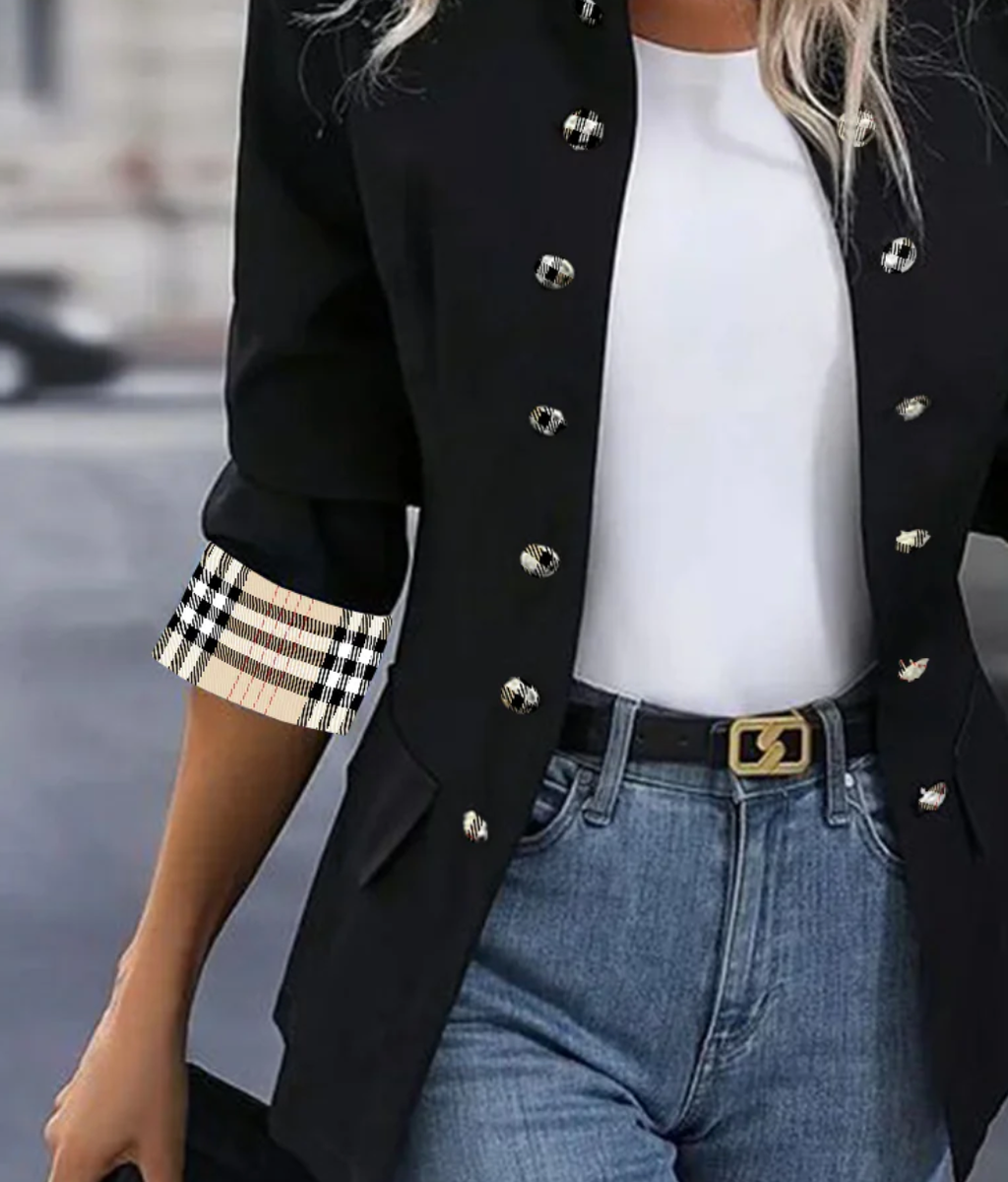 Blazer femme élégant à col montant et poignets à carreaux