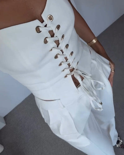 Ensemble Deux Pièces Femme – Haut à Nouer & Pantalon Large Fluide – Style Décontracté Chic