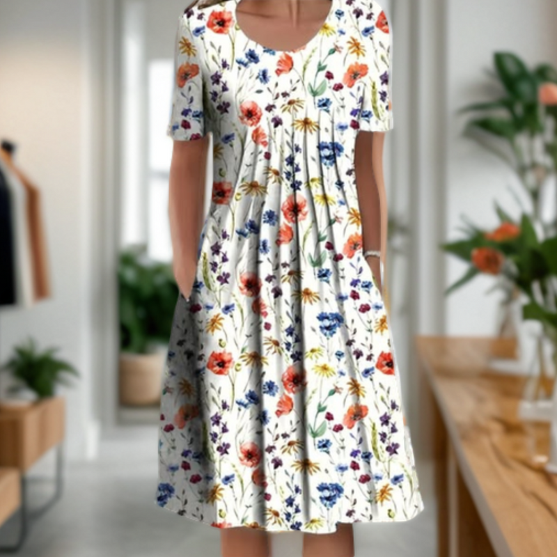 Robe ample femme à col rond, manches trois quarts et motif imprimé