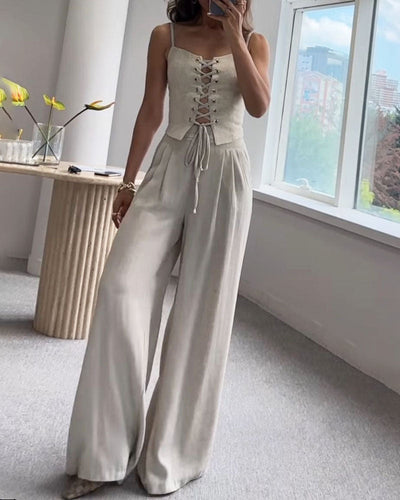 Ensemble Deux Pièces Femme – Haut à Nouer & Pantalon Large Fluide – Style Décontracté Chic