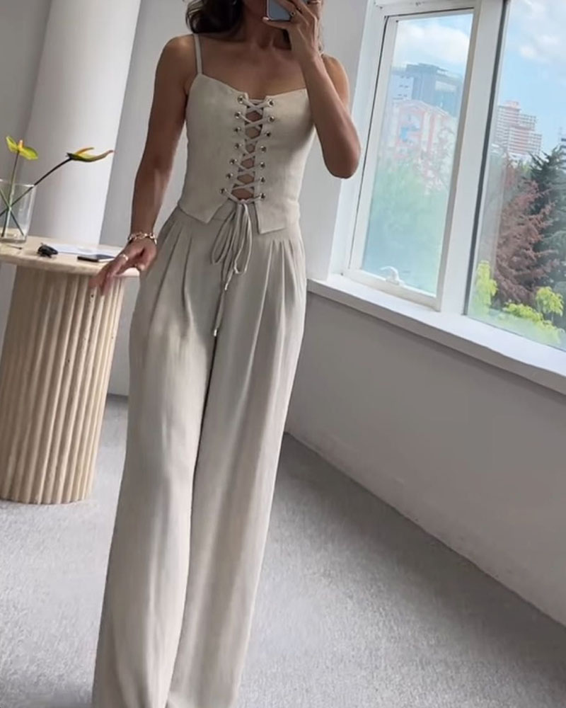 Ensemble Deux Pièces Femme – Haut à Nouer & Pantalon Large Fluide – Style Décontracté Chic