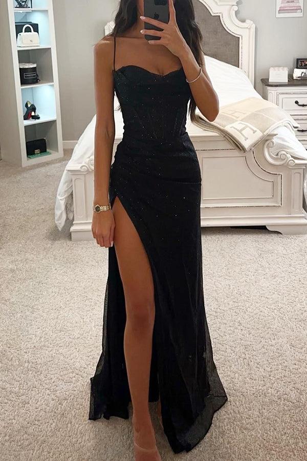 Maxi robe de soirée à paillettes pour femme avec fente haute