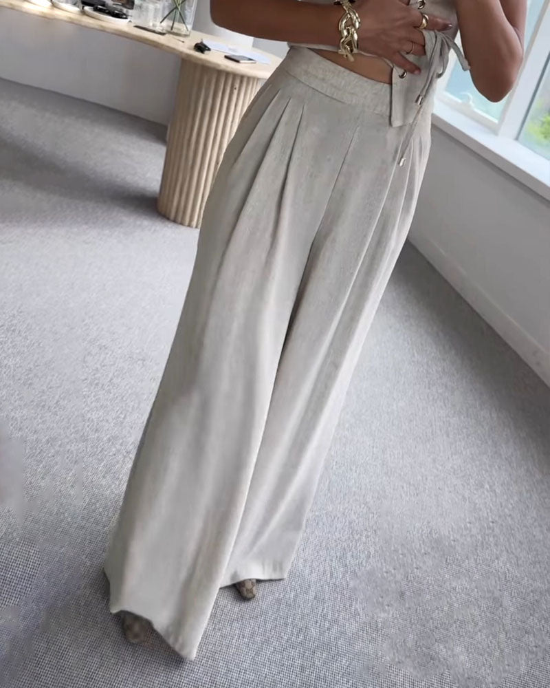 Ensemble Deux Pièces Femme – Haut à Nouer & Pantalon Large Fluide – Style Décontracté Chic