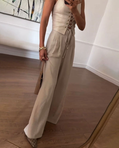 Ensemble Deux Pièces Femme – Haut à Nouer & Pantalon Large Fluide – Style Décontracté Chic