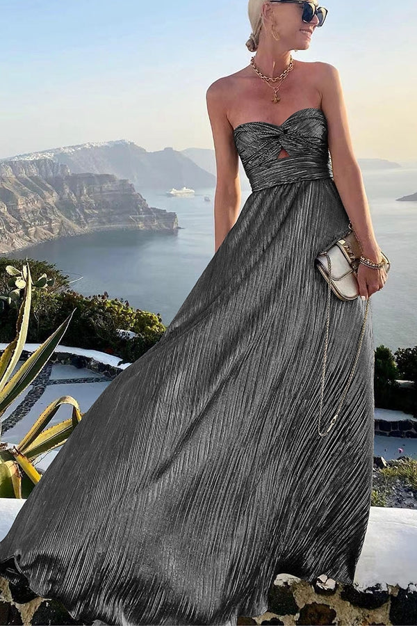 Robe de soirée femme bustier – Coupe évasée – Finition plissée métallique