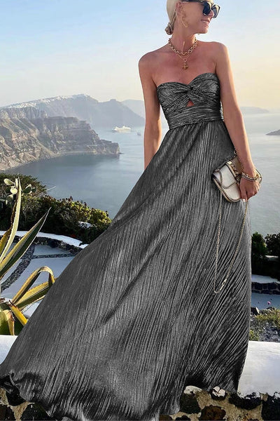 Robe de soirée femme bustier – Coupe évasée – Finition plissée métallique