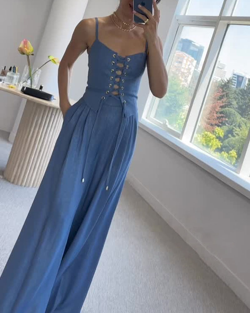 Ensemble Deux Pièces Femme – Haut à Nouer & Pantalon Large Fluide – Style Décontracté Chic