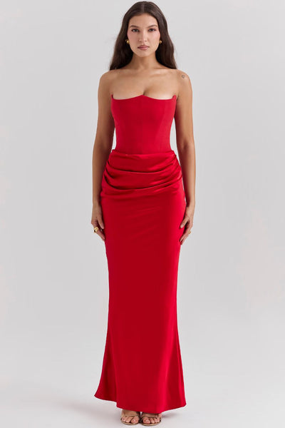 Robe longue de soirée bustier avec effet corset et plis raffinés