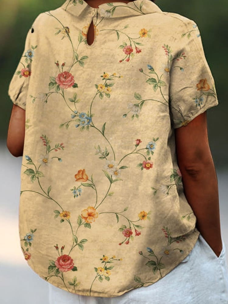 Karla - Chemise pour femmes en coton et lin avec imprimé floral rétro