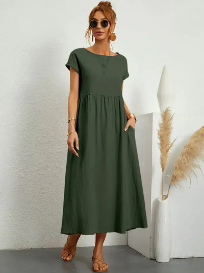 Robe longue femme – Coupe décontractée avec manches courtes et tissu fluide respirant