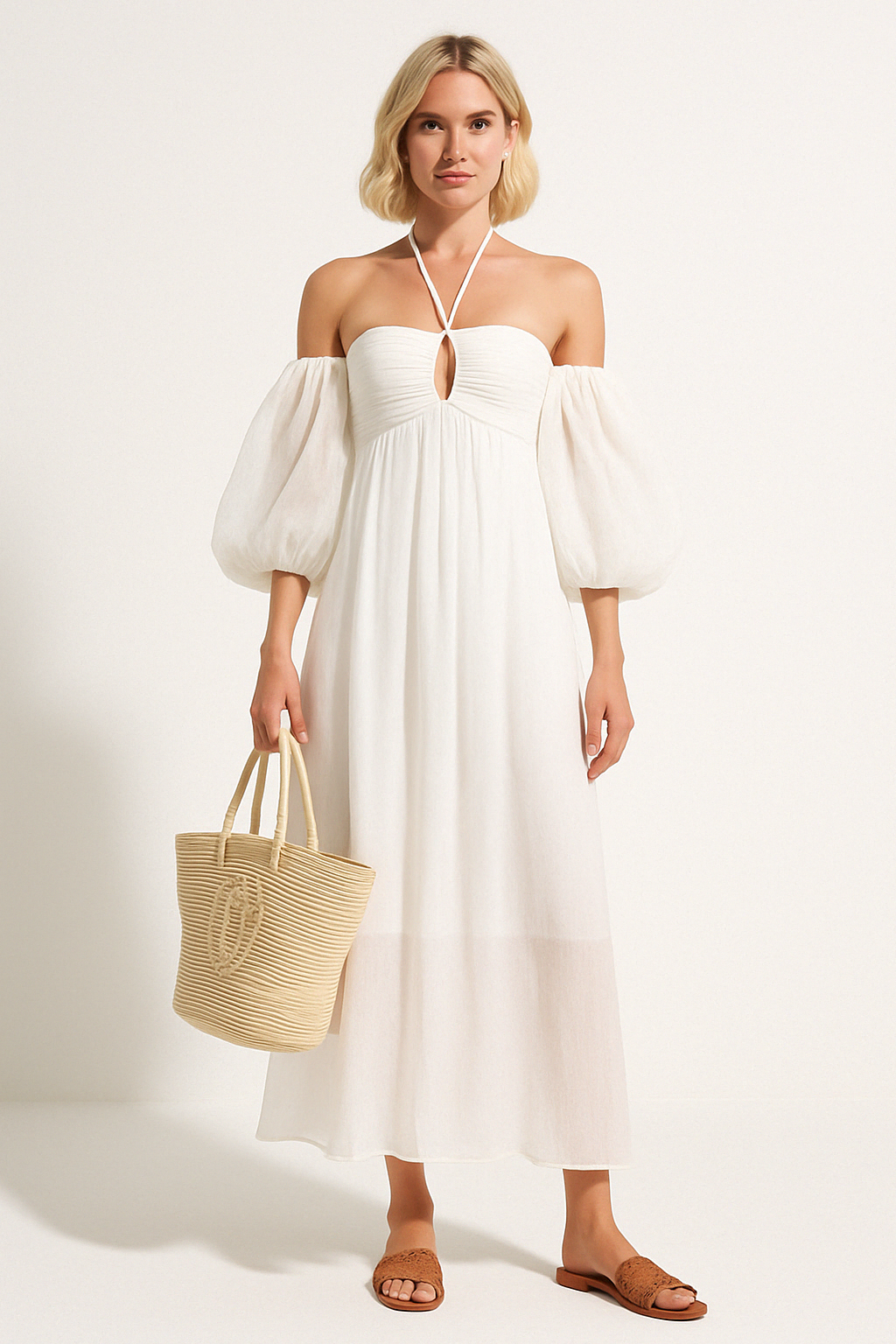Robe Maxi Femme – Épaules Nues – Manches Bouffantes – Détail Découpé – Coupe Ample