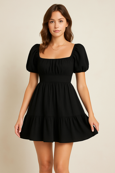 Robe femme – Mini longueur – Manches bouffantes – Décolleté carré – Taille cintrée