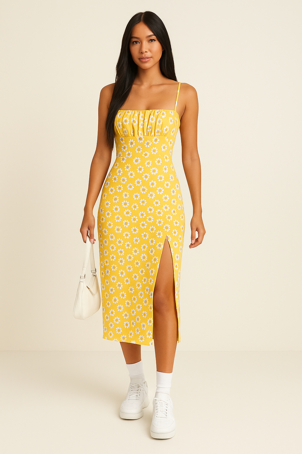 Robe pour femme – Coupe ajustée – Bretelles spaghetti – Imprimé floral – Fente – Mélange de coton