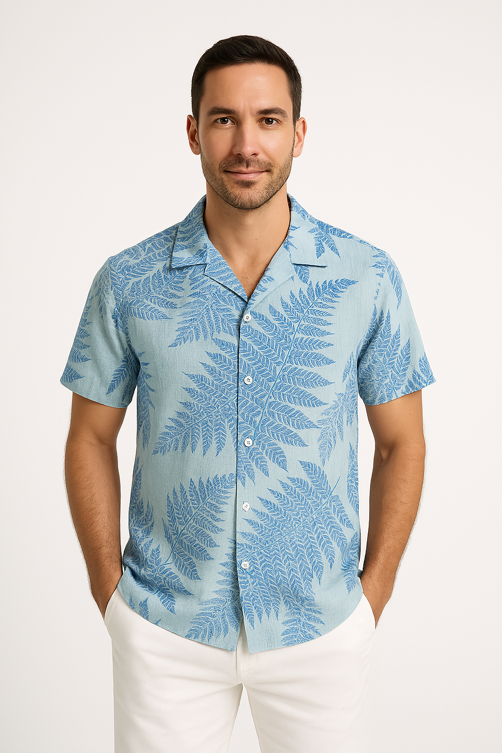 Chemise pour homme à manches courtes – Coupe décontractée – Tissu léger et respirant – Motif feuillage