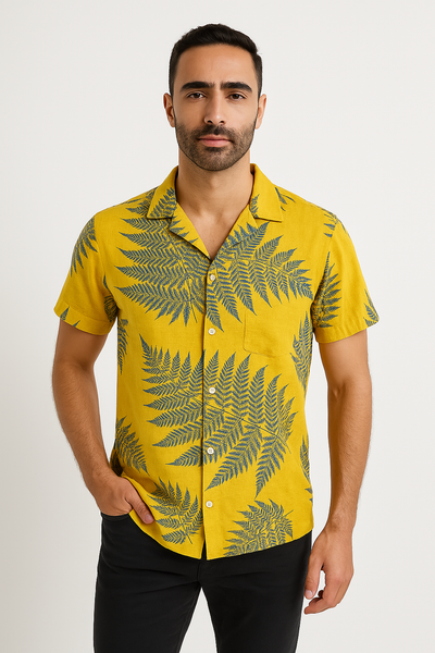 Chemise pour homme à manches courtes – Coupe décontractée – Tissu léger et respirant – Motif feuillage
