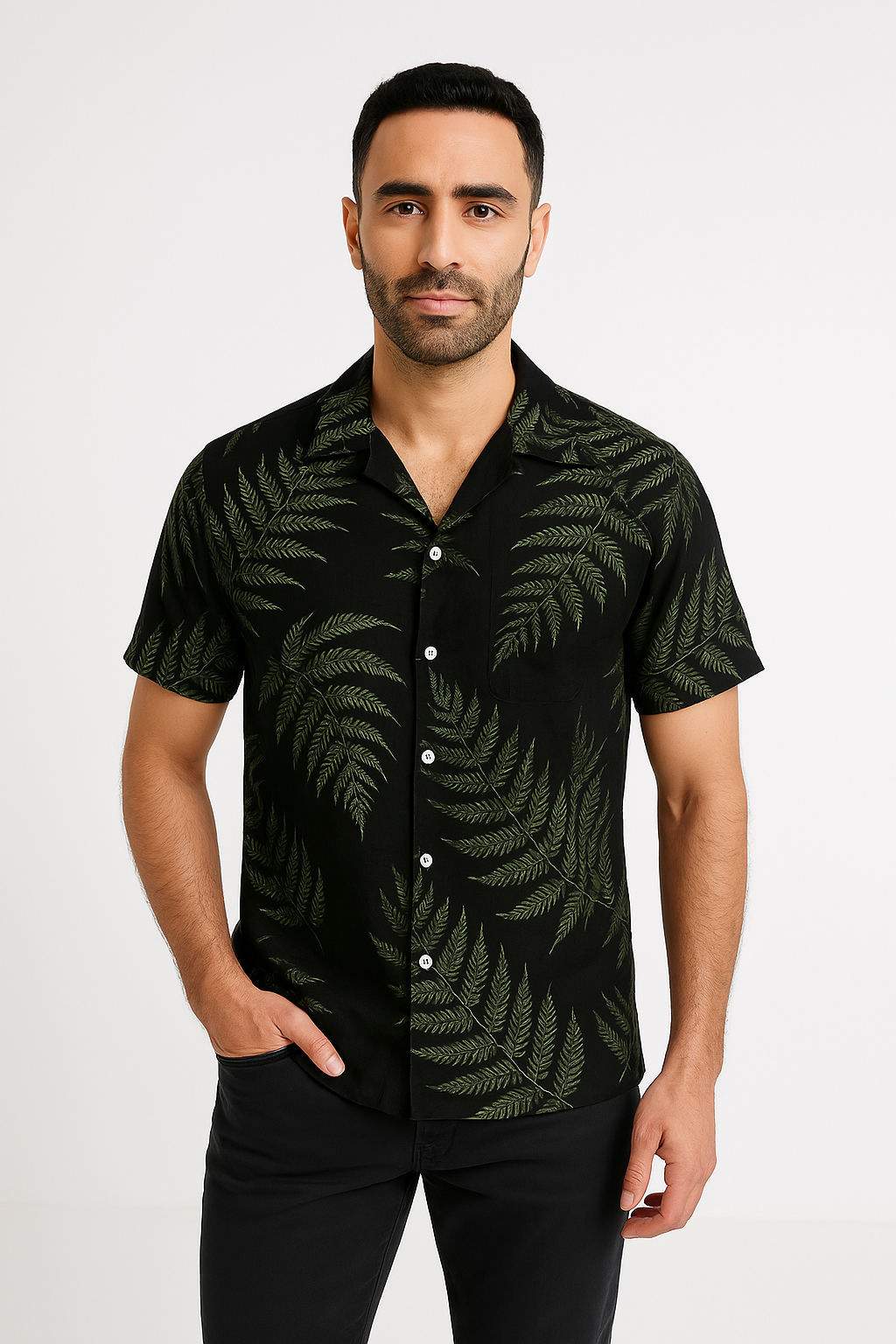 Chemise pour homme à manches courtes – Coupe décontractée – Tissu léger et respirant – Motif feuillage