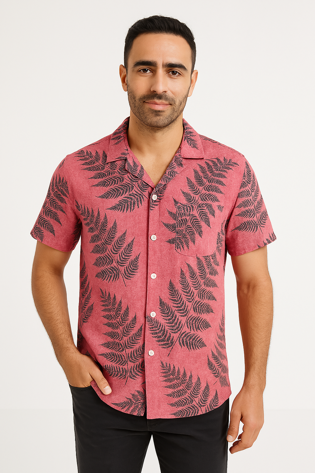 Chemise pour homme à manches courtes – Coupe décontractée – Tissu léger et respirant – Motif feuillage