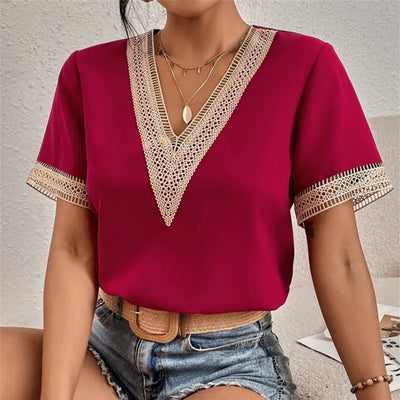 Blouse femme chic en crochet – Col V bohème – Manches courtes – Tissu léger d'été