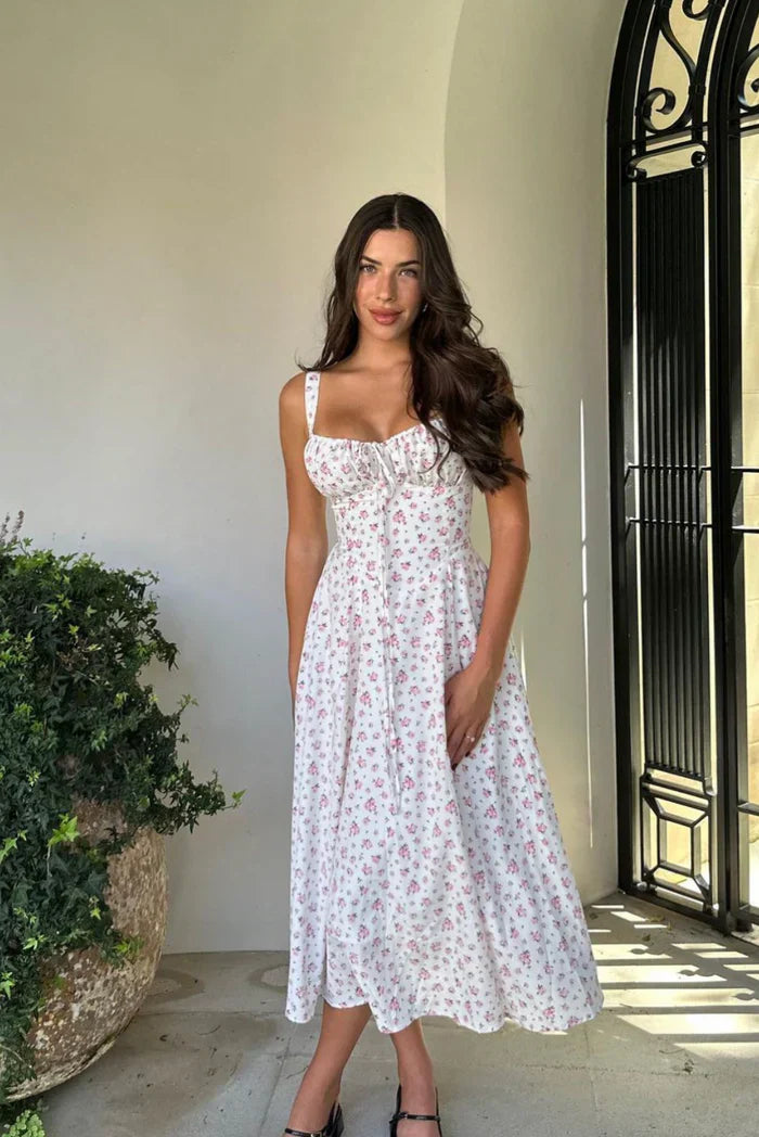Robe Corset Midi Femme Orla – Décolleté Cœur – Imprimé Fleuri – Silhouette Structurée Élégante