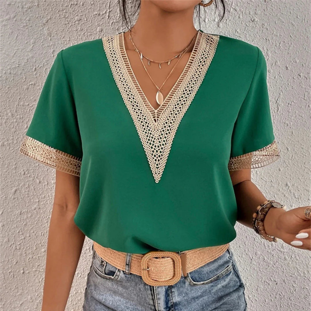 Blouse femme chic en crochet – Col V bohème – Manches courtes – Tissu léger d'été