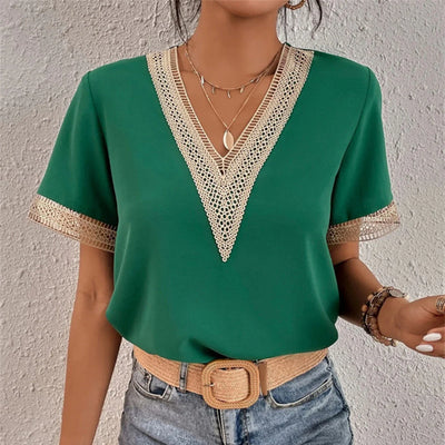 Blouse femme chic en crochet – Col V bohème – Manches courtes – Tissu léger d'été