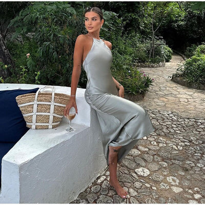 Judy Femme Robe midi en satin avec bretelles autour du cou
