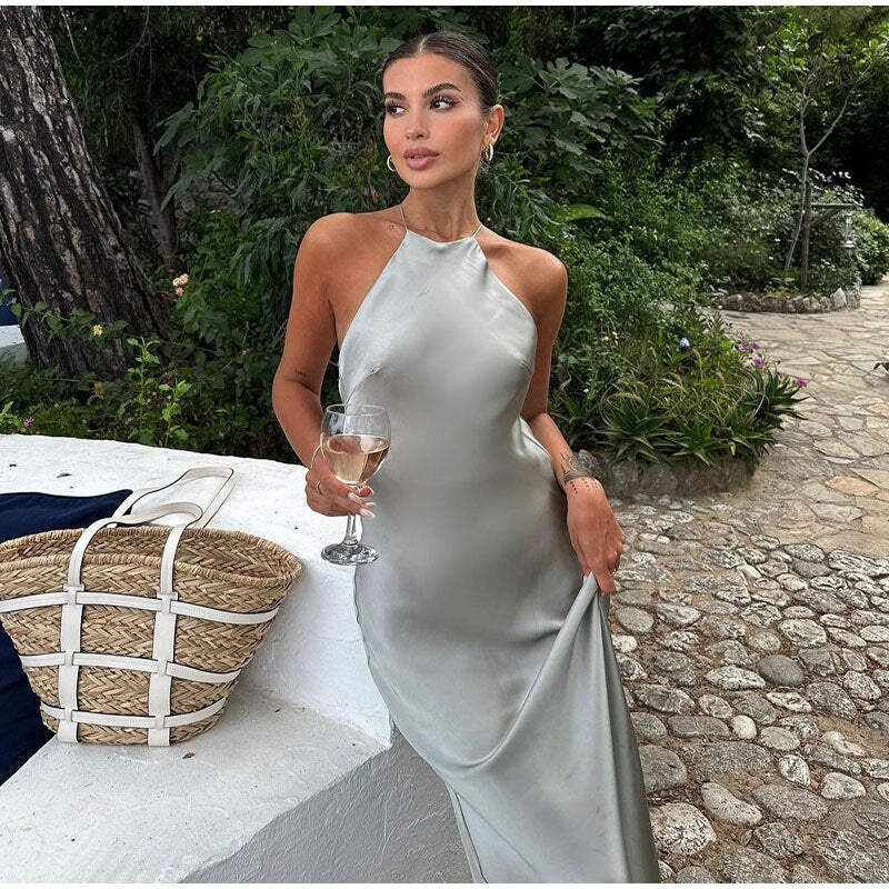 Judy Femme Robe midi en satin avec bretelles autour du cou