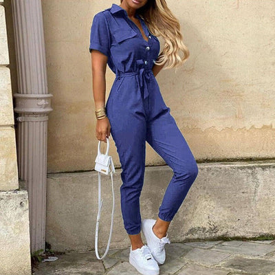 Jumpsuit femme - Coupe cintrée avec ceinture - Manches courtes - Rayures - Patte de boutonnage