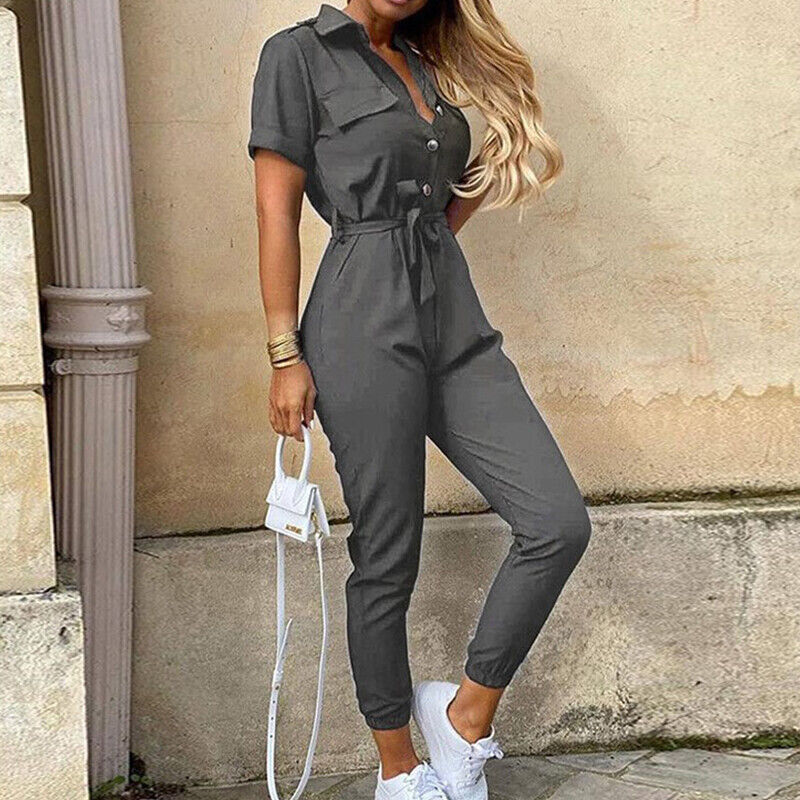 Jumpsuit femme - Coupe cintrée avec ceinture - Manches courtes - Rayures - Patte de boutonnage
