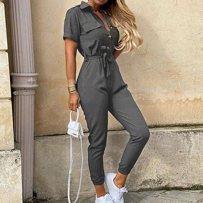 Jumpsuit femme - Coupe cintrée avec ceinture - Manches courtes - Rayures - Patte de boutonnage