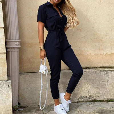 Jumpsuit femme - Coupe cintrée avec ceinture - Manches courtes - Rayures - Patte de boutonnage