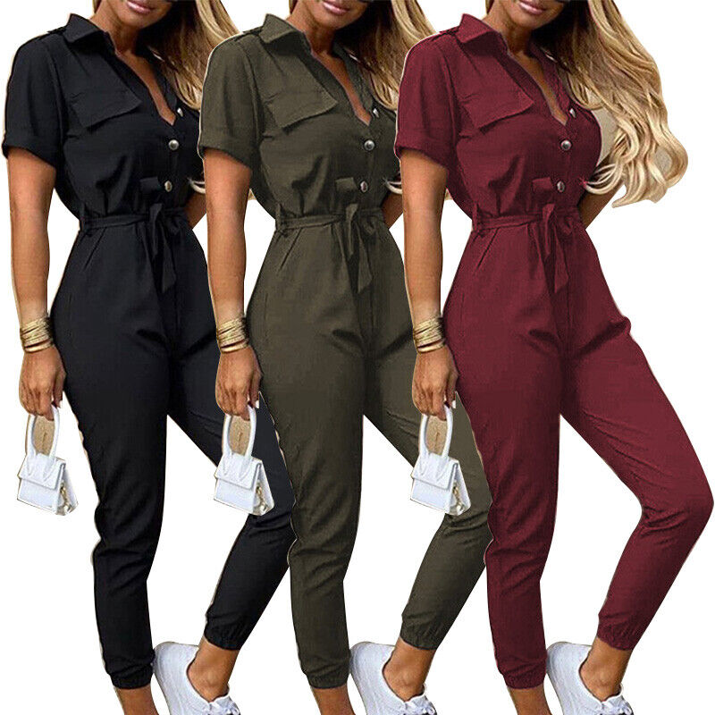 Jumpsuit femme - Coupe cintrée avec ceinture - Manches courtes - Rayures - Patte de boutonnage