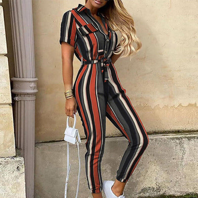 Jumpsuit femme - Coupe cintrée avec ceinture - Manches courtes - Rayures - Patte de boutonnage