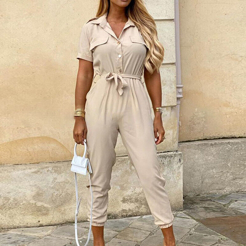 Jumpsuit femme - Coupe cintrée avec ceinture - Manches courtes - Rayures - Patte de boutonnage