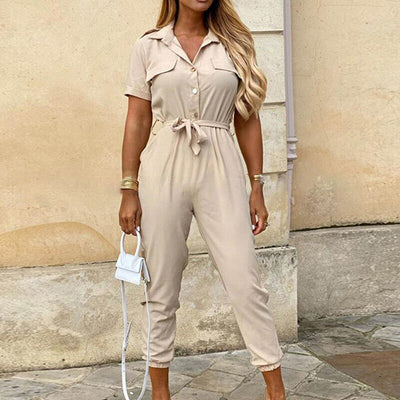 Jumpsuit femme - Coupe cintrée avec ceinture - Manches courtes - Rayures - Patte de boutonnage