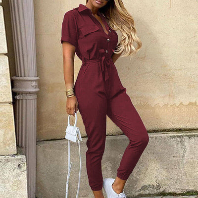 Jumpsuit femme - Coupe cintrée avec ceinture - Manches courtes - Rayures - Patte de boutonnage